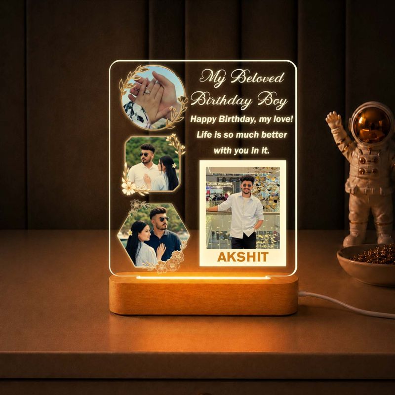 Personalized Birthday Boy LED Acrylic Photo Frame with Wooden Base  Birthday Night Light Gift for Men, Husband, Boyfriend, Fiancé & Soulmate – Romantic Bedroom Decor Table Lamp